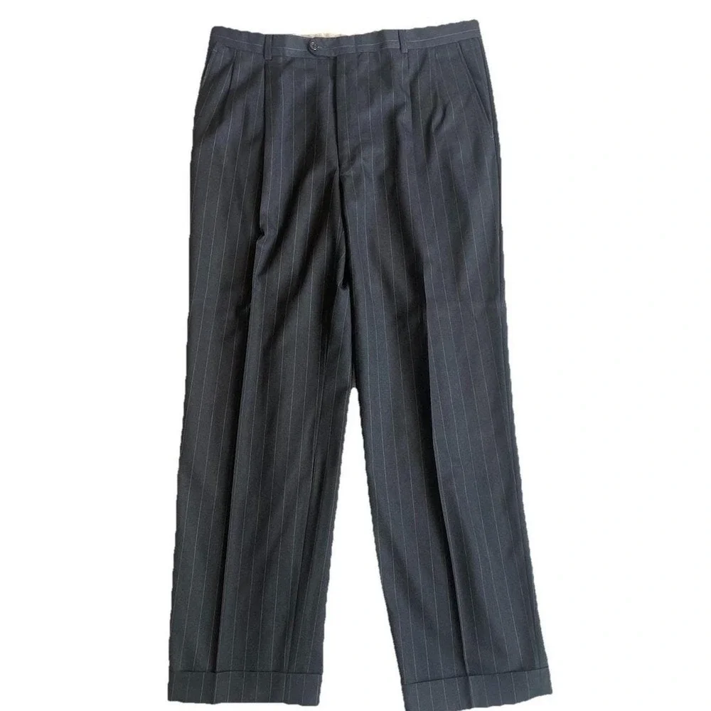 Vtg Hickey Freeman Loro Piana Wool Pinstripe Suit 42L‎ Charcoal Gray Made in USA